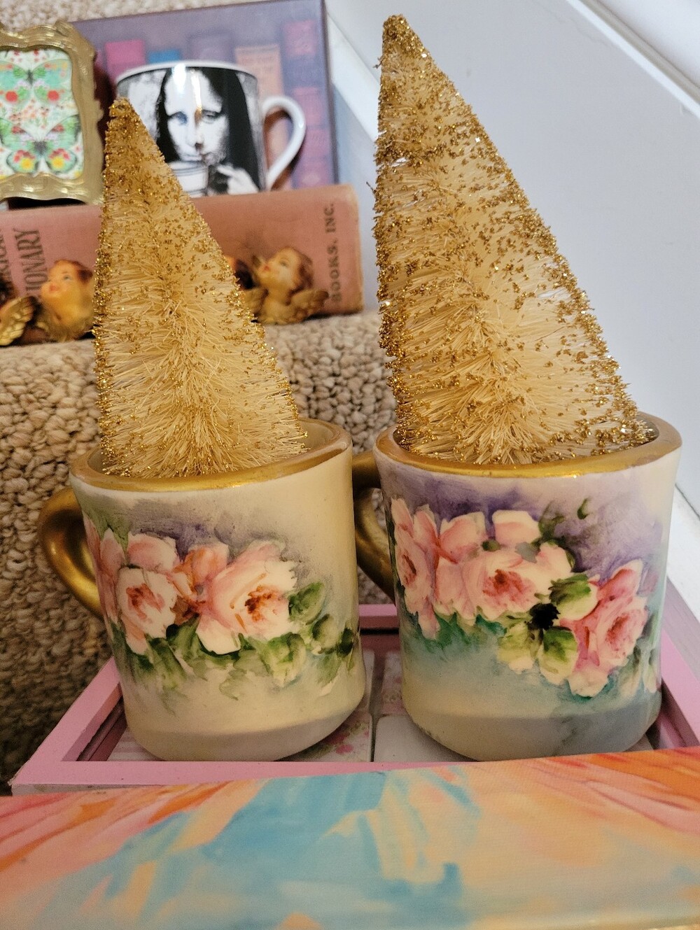 Vintage Hand-Painted Floral Ceramic Mugs Gold Paint Trim Shabby Chic Victorian